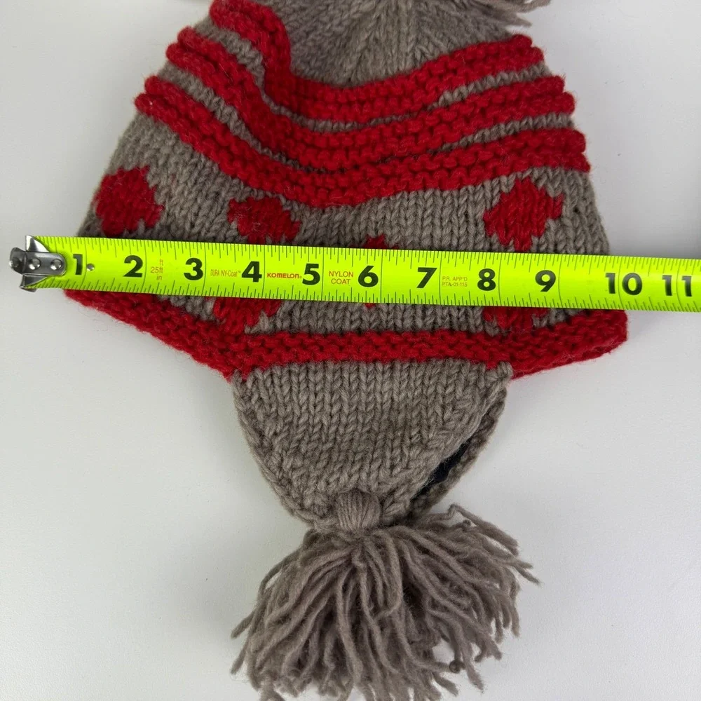 Seasons of Cannon Falls Wool Earflap Hat Red Brown Tassel Pom‎ Pom Winter